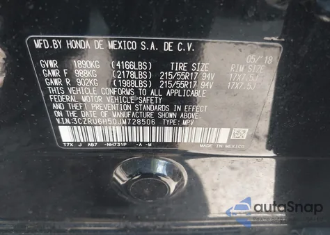 2018 Honda Hr-V Ex from USA, damaged, VIN 3CZRU6H50JM728506